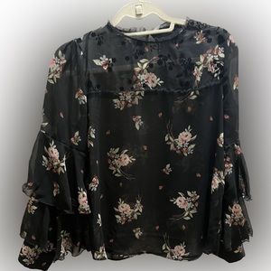 Zara Basic Denim sheer floral long sleeves shirt